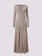 Khaki Crew Collar A Line Long Sleeve Dress