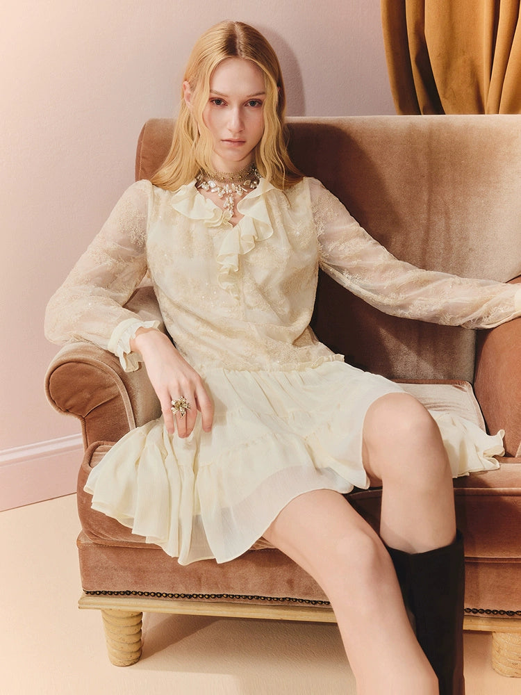 Embroidered Ruffled V Neck Long Sleeve Dress