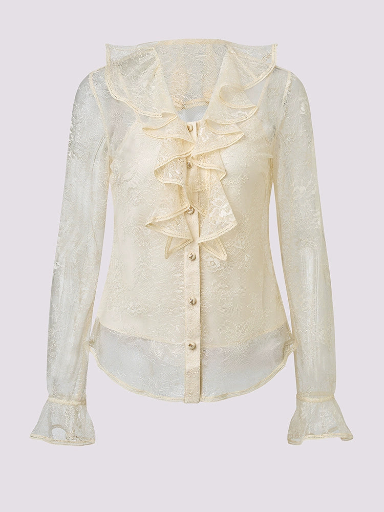 V Neck Ruffled Lace Chiffon Shirt
