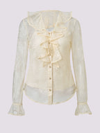 V Neck Ruffled Lace Chiffon Shirt