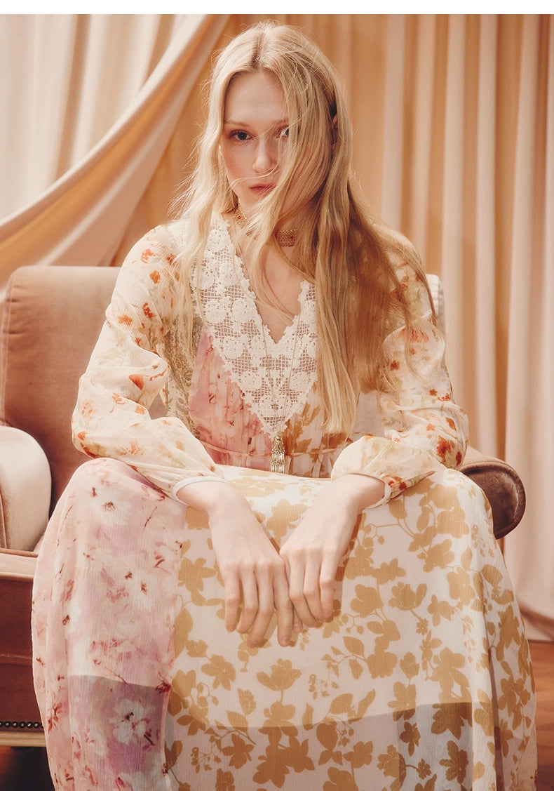 Floral Print V Neck Silk Long Sleeve Maxi Dress