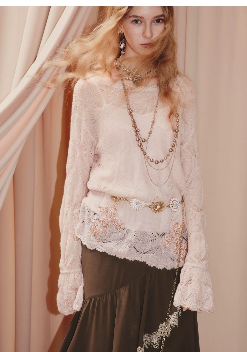 Hollow Lace Embroidered Knitted Sweater