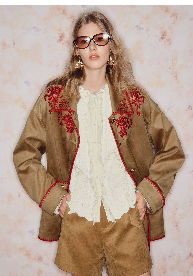 Embroidered Lapel Suede Fleece Jacket