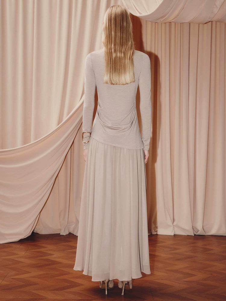 Khaki Crew Collar A Line Long Sleeve Dress