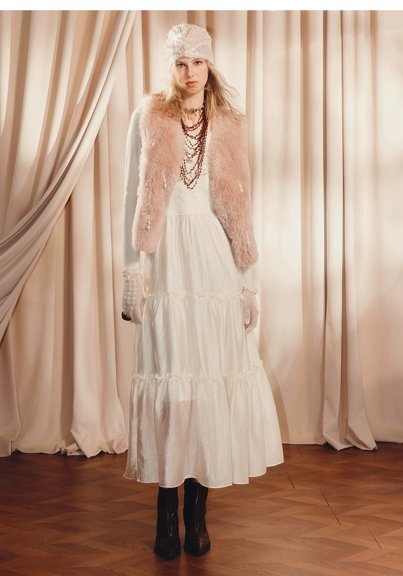 Beige Ruffled Cake Knitted Long Sleeve Dress