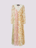 Floral Print V Neck Silk Long Sleeve Maxi Dress