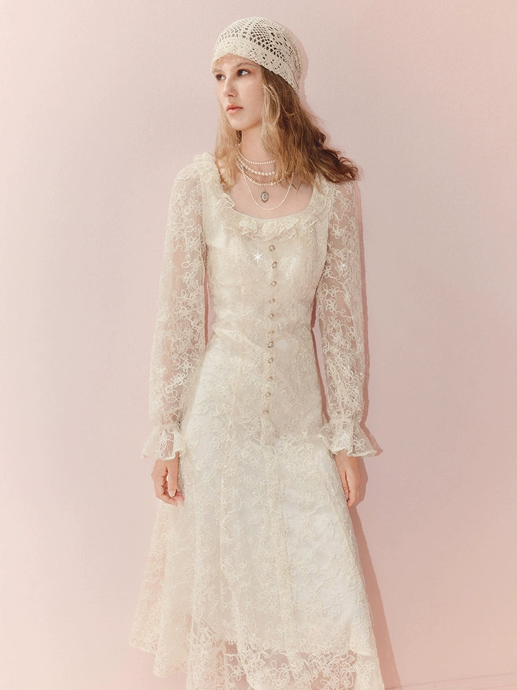 Square Neck Ruffled Long Sleeve Lace Midi Dress