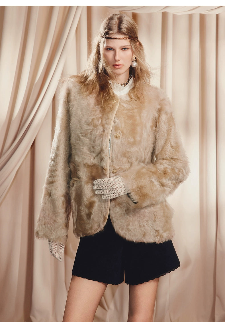 Loose Fit Wool And Leather Round Neck Coat