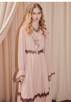 Pink V Neck Long Sleeve Lace Maxi Dress