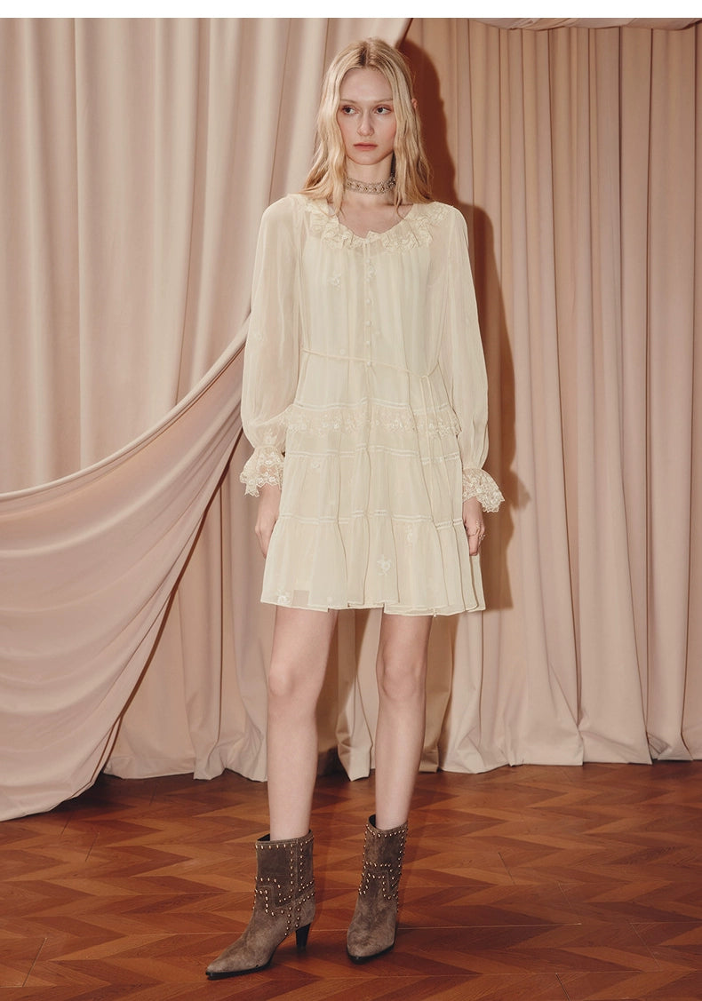 Beige Chiffon V Neck Ruffled Mini Dress