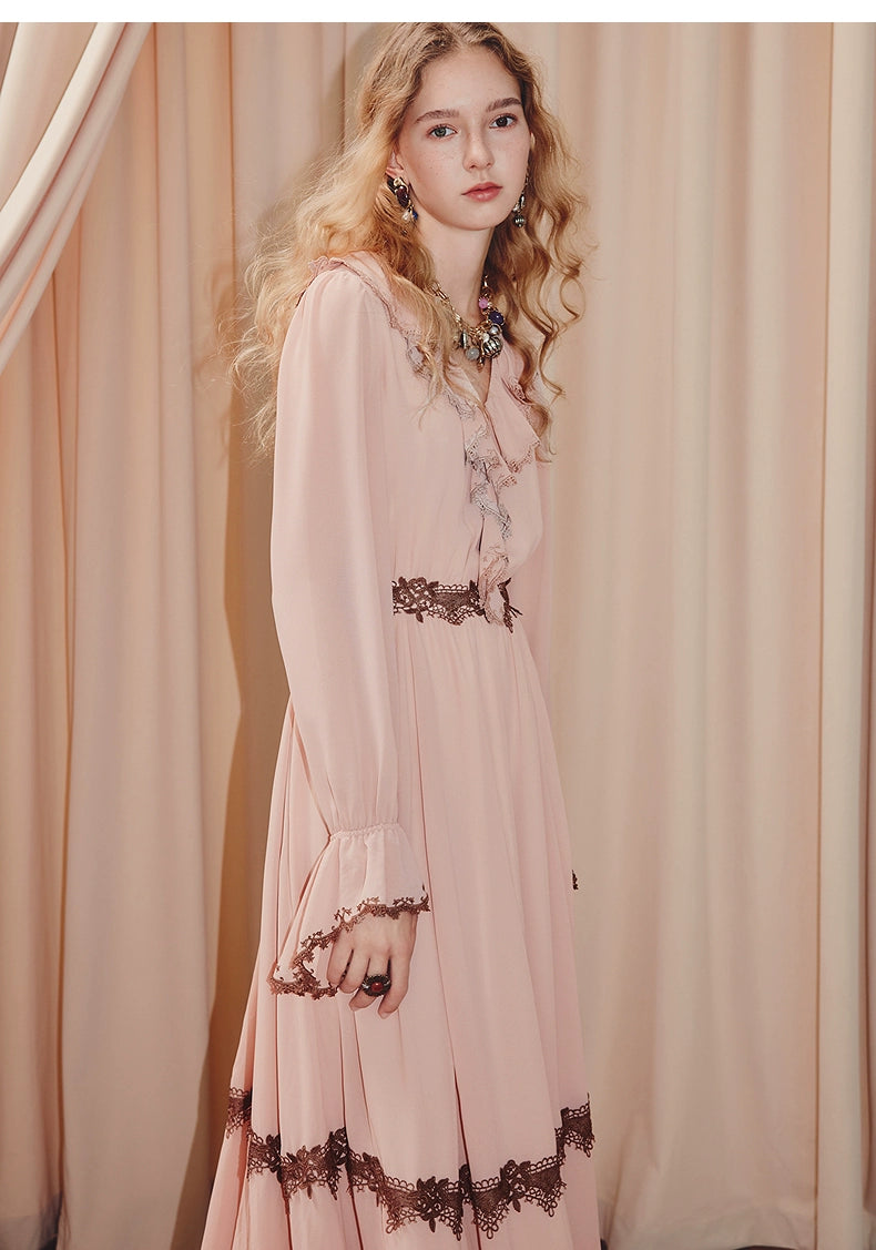Pink V Neck Long Sleeve Lace Maxi Dress