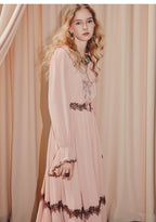 Pink V Neck Long Sleeve Lace Maxi Dress