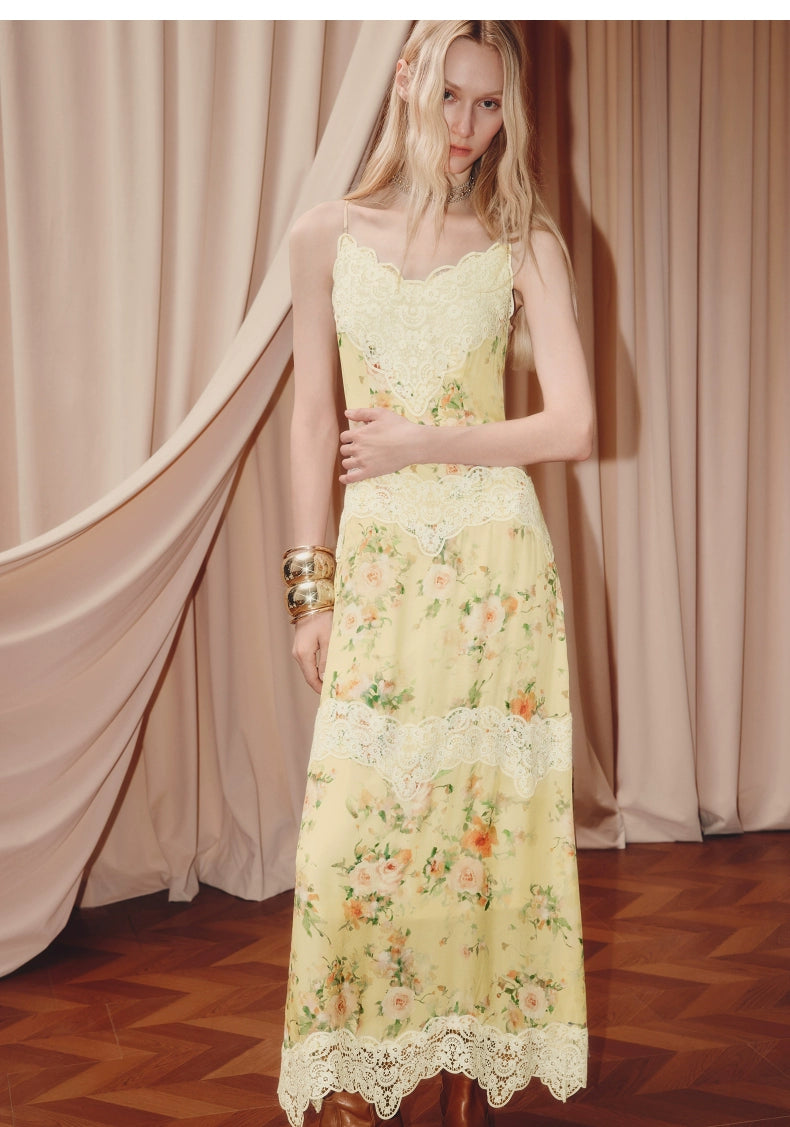 Floral Print Lace V Neck Sleeveless Maxi Dress