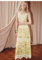 Floral Print Lace V Neck Sleeveless Maxi Dress