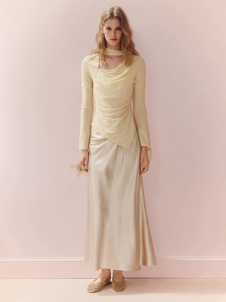 Satin Crew Neck Long Sleeve Top