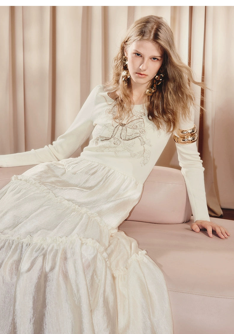 Beige Ruffled Cake Knitted Long Sleeve Dress