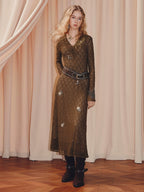 Brown V Neck Long Sleeve Dress