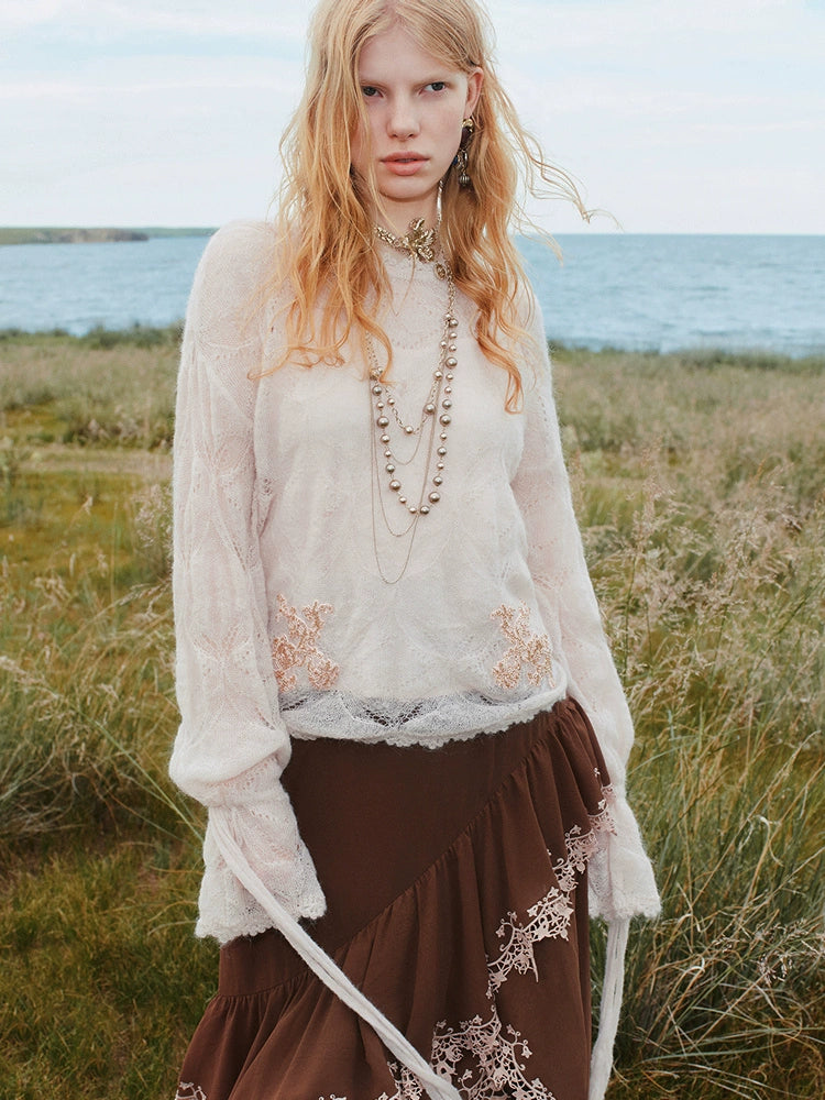 Hollow Lace Embroidered Knitted Sweater
