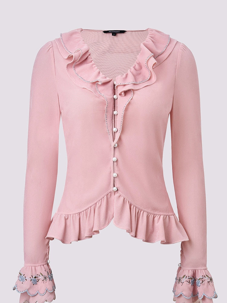 Pink V Neck Ruffled Long-sleeved Top