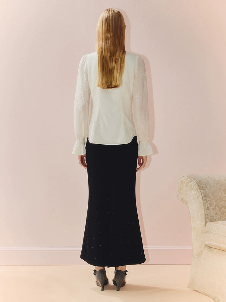 Ruffled V Neck Loose Long Sleeve Satin Top