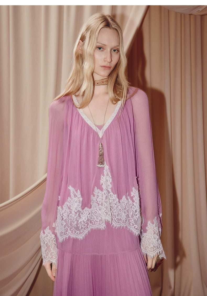 Pink V Neck Long Sleeve Loose Fit Two Piece Dress