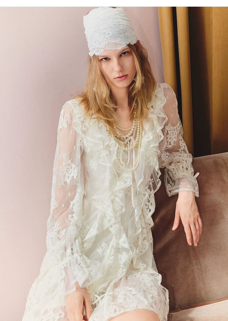 Lace Ruffled Long Sleeve Mini Dress