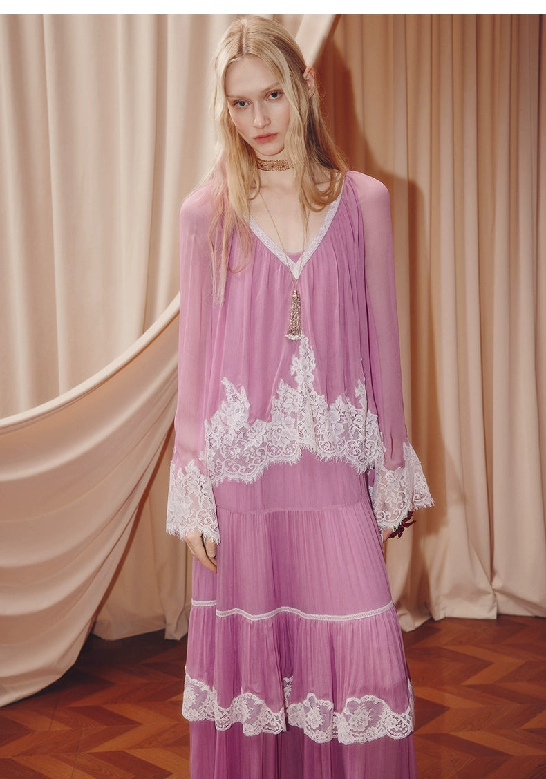 Pink V Neck Long Sleeve Loose Fit Two Piece Dress