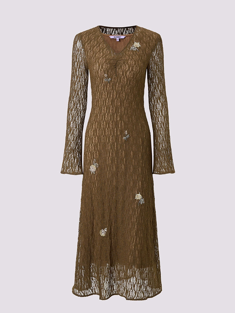 Brown V Neck Long Sleeve Dress