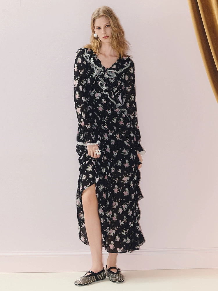 Floral Print V Neck Ruffled Long Sleeve Dress