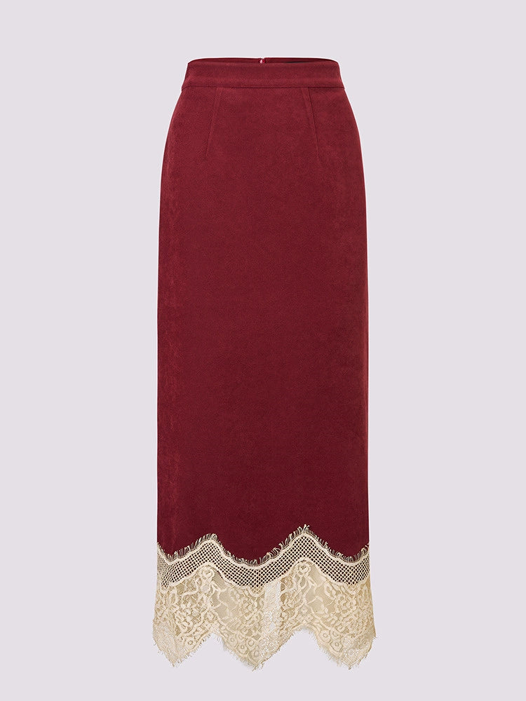 Red Lace Velvet H Shape Long Skirt