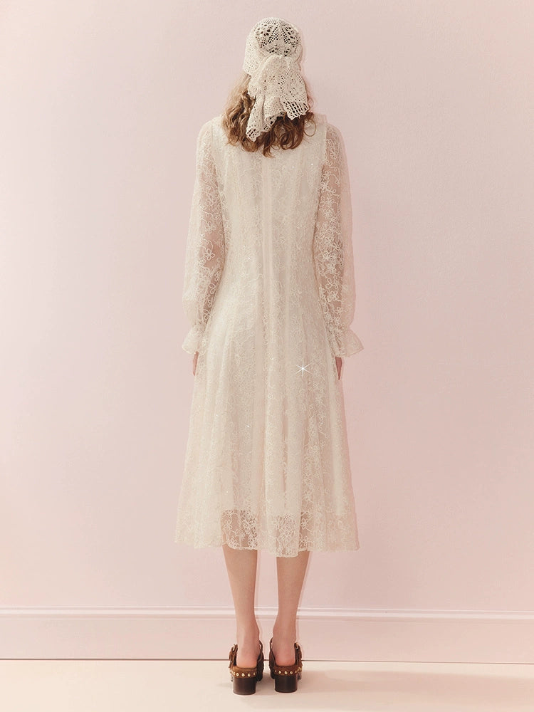 Square Neck Ruffled Long Sleeve Lace Midi Dress