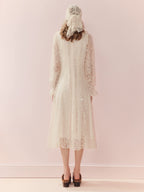 Square Neck Ruffled Long Sleeve Lace Midi Dress