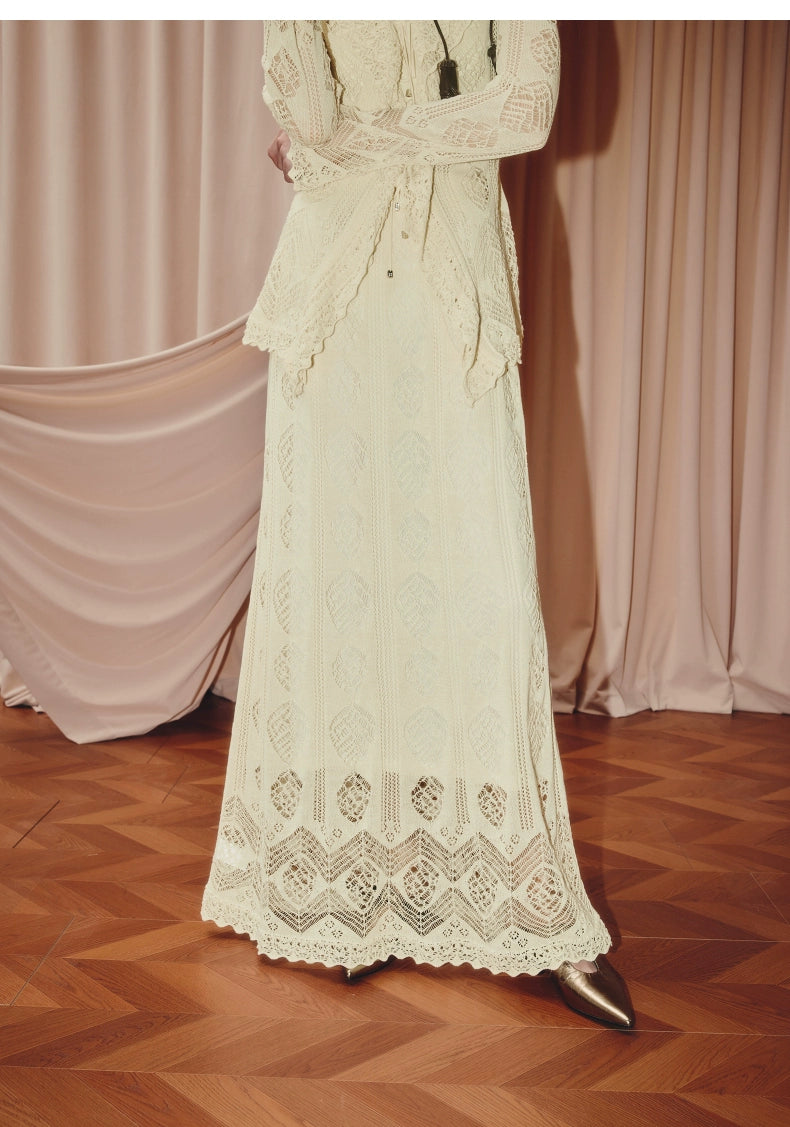 Bohemian V Neck Hollow Long Sleeve Top And Skirt Two-piece Set