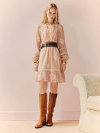 Pink V Neck Ruffles Flower Long Sleeve Mini Dress