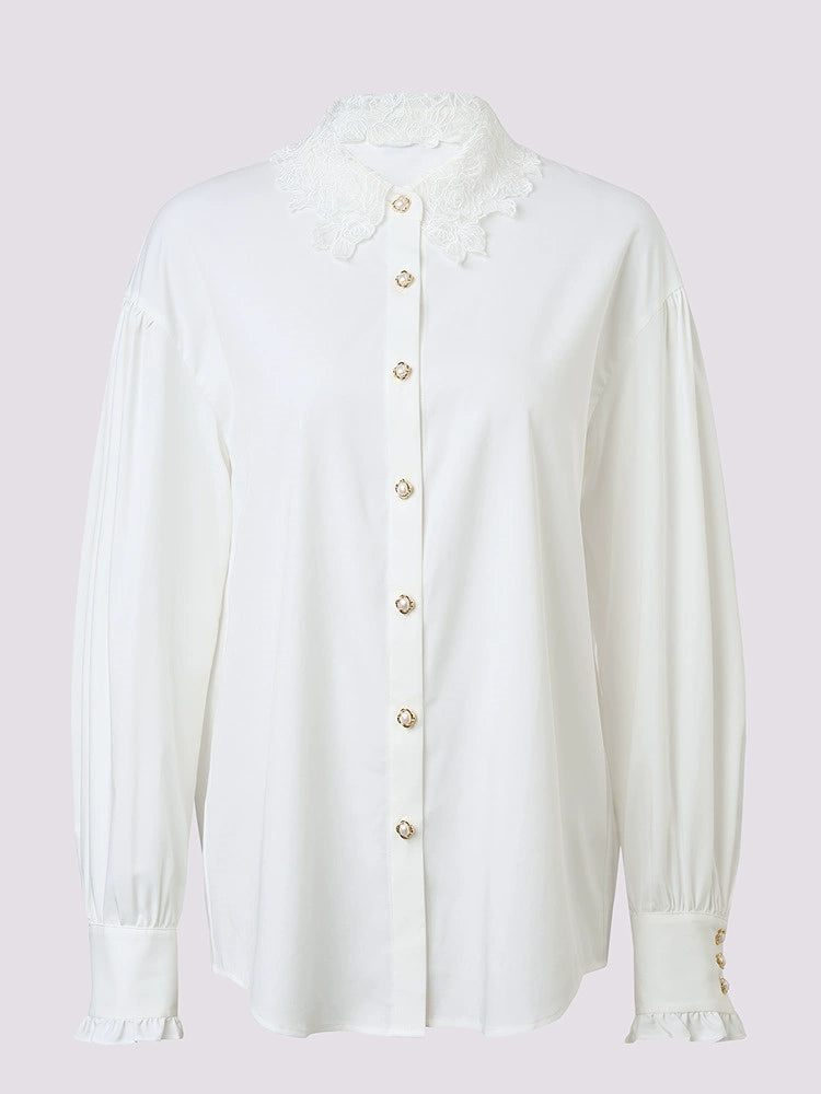 Embroidered Neck Loose Long-sleeved Top