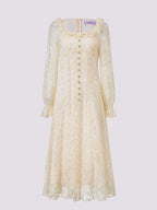 Square Neck Ruffled Long Sleeve Lace Midi Dress