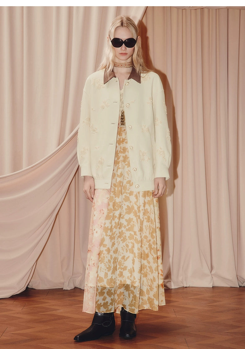 Floral Print V Neck Silk Long Sleeve Maxi Dress