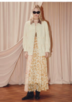 Floral Print V Neck Silk Long Sleeve Maxi Dress