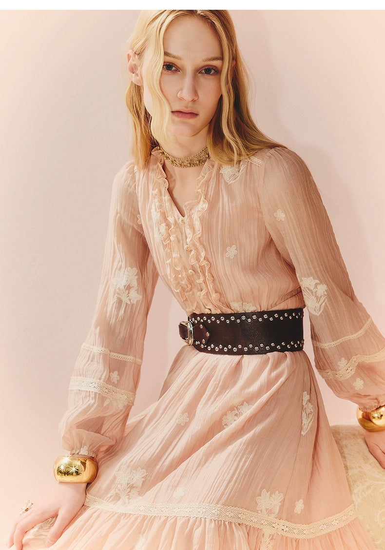 Pink V Neck Ruffles Flower Long Sleeve Mini Dress