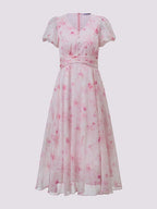 Chiffon Floral Print V Neck Pleated Short Sleeve Midi Dress