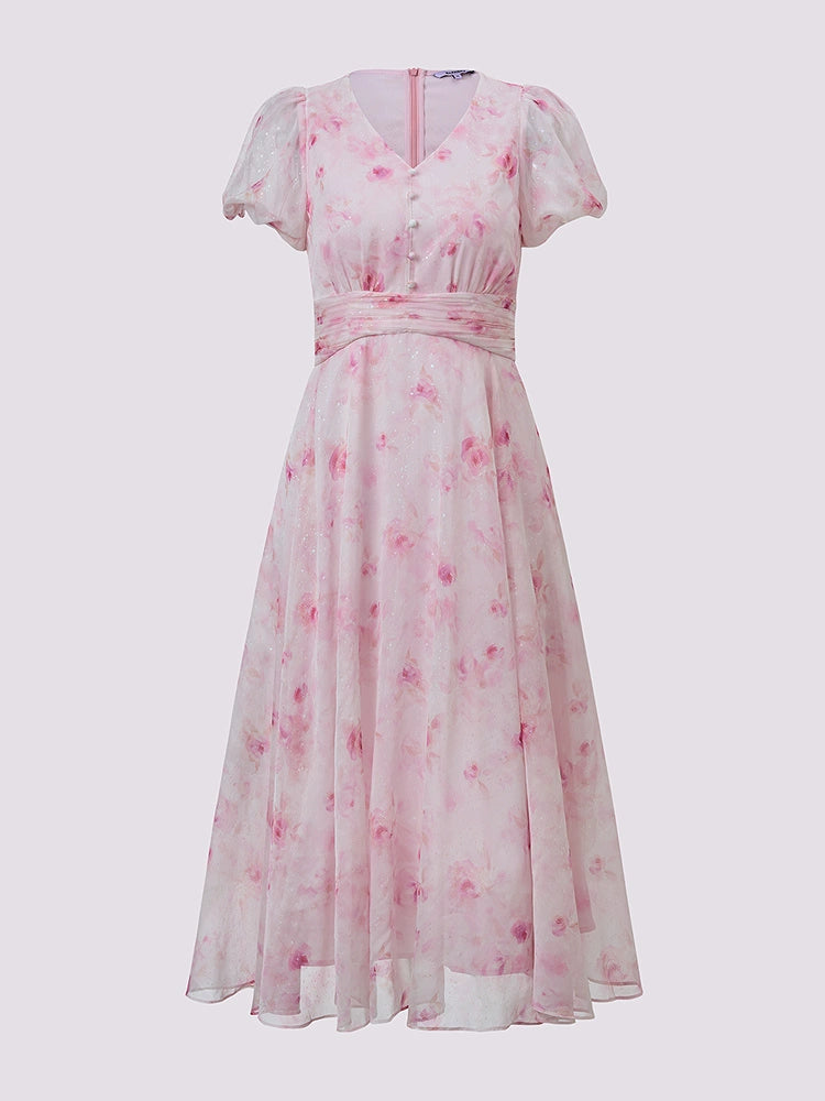 Chiffon Floral Print V Neck Pleated Short Sleeve Midi Dress