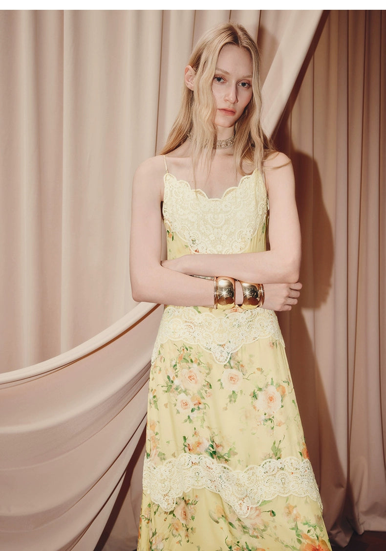 Floral Print Lace V Neck Sleeveless Maxi Dress