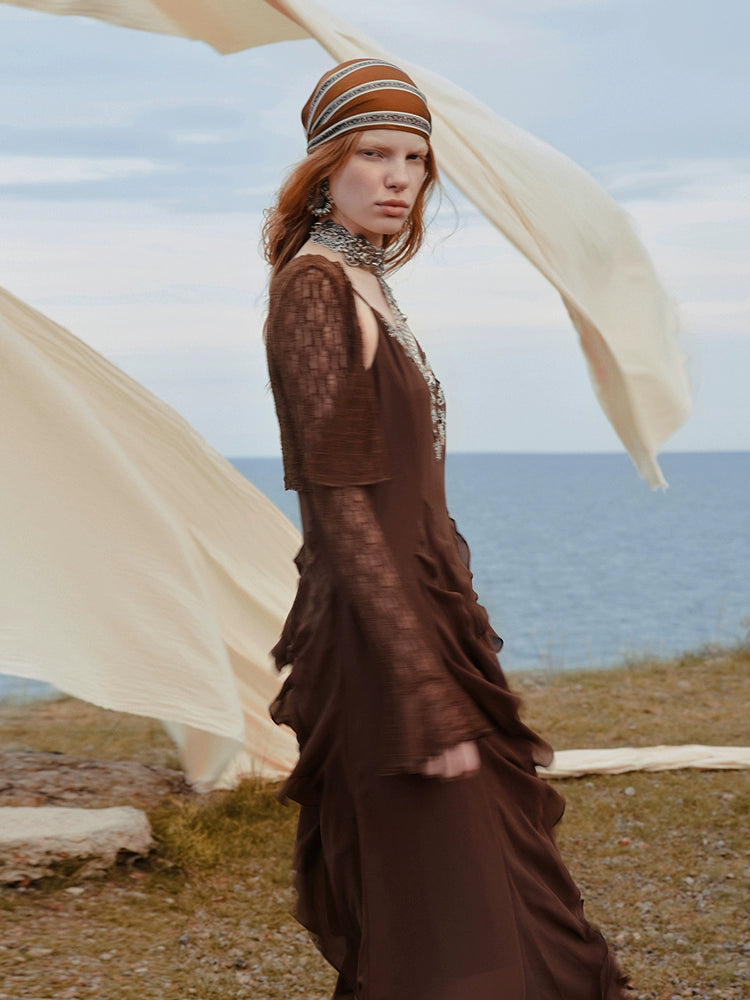 Brown V Neck Ruffled Two-Piece Mini Dress