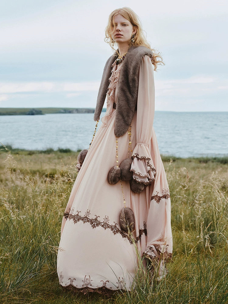 Pink V Neck Long Sleeve Lace Maxi Dress