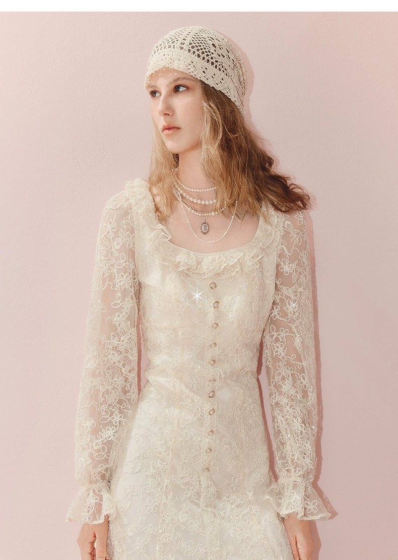 Square Neck Ruffled Long Sleeve Lace Midi Dress