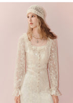 Square Neck Ruffled Long Sleeve Lace Midi Dress