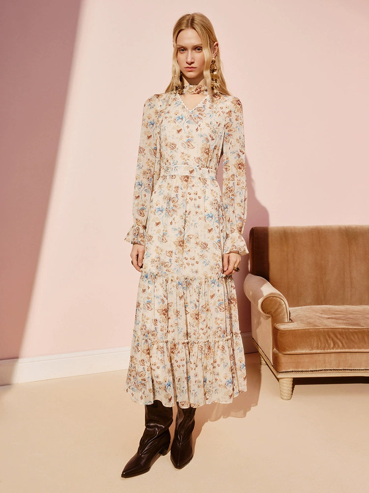 Boho Print Floral V Neck Long Sleeve Maxi Dress