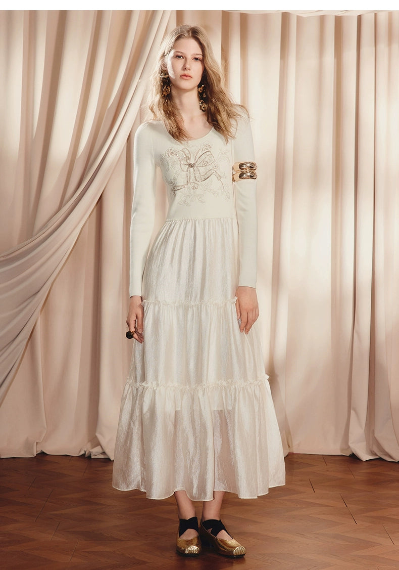 Beige Ruffled Cake Knitted Long Sleeve Dress