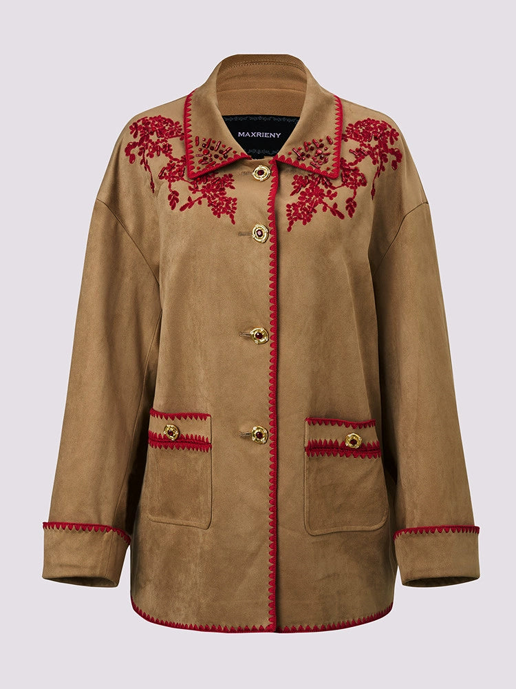 Embroidered Lapel Suede Fleece Jacket