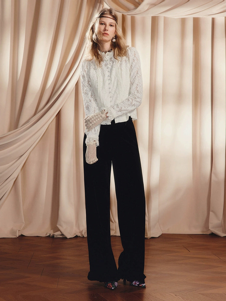 Vintage Ruffle Edge Pants Straight Trousers